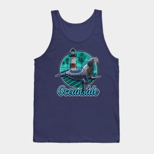 California Sea Lion at Oceanside with Palm trees and Lighthouse Tank Top